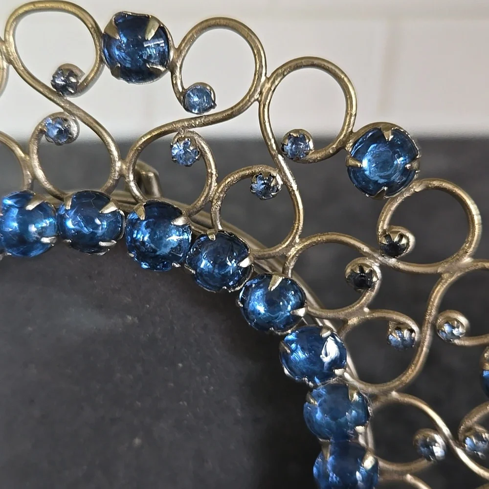 Gold Metal Round Frame Bedazzled with Blue Gem Stones